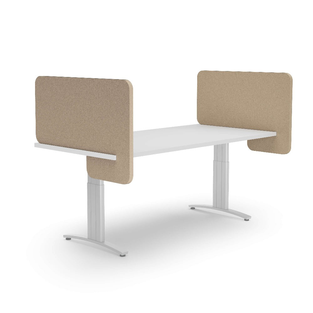slide on acoustic divider on adjustable desk in brown