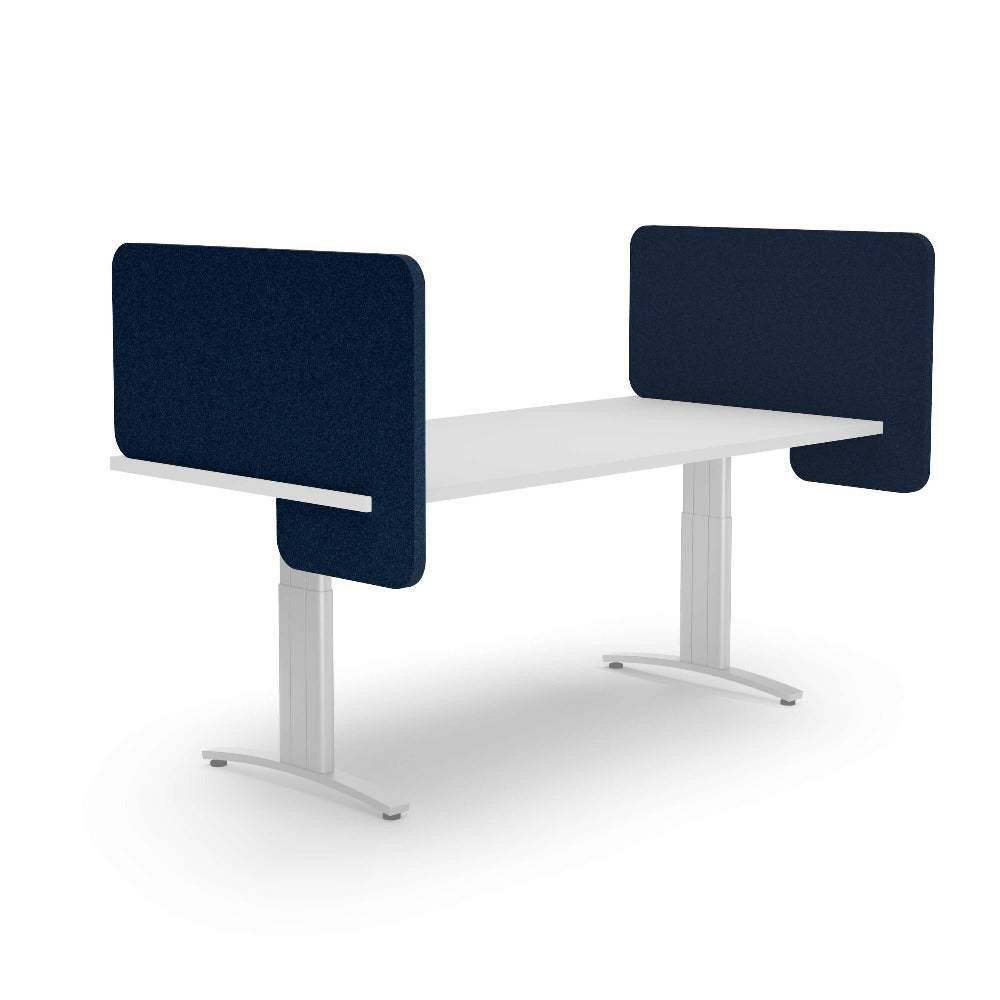 slide on acoustic divider on adjustable desk in dark blue