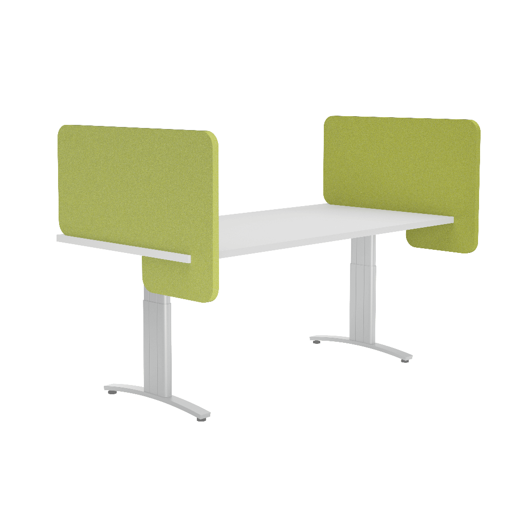 slide on acoustic divider on adjustable desk in green
