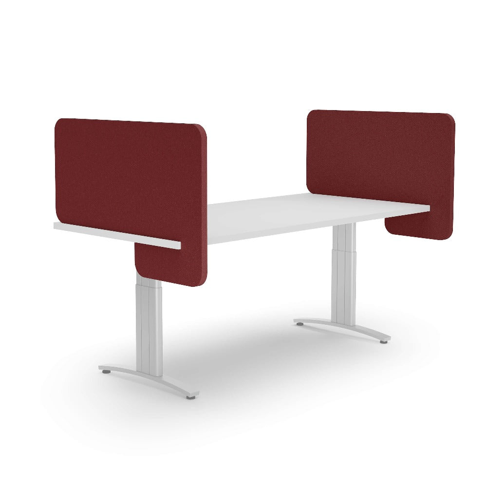 slide on acoustic divider on adjustable desk in red