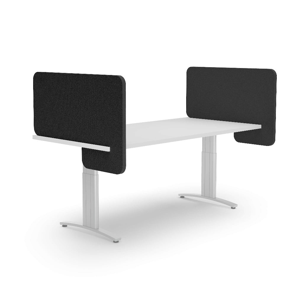 slide on acoustic divider on adjustable desk in sesame grey