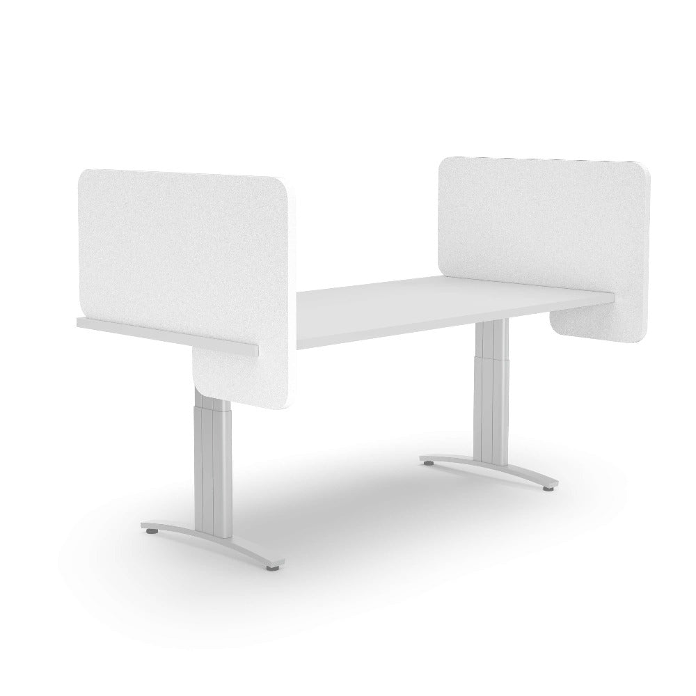 slide on acoustic divider on adjustable desk in white