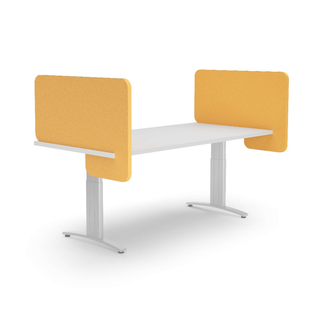 slide on acoustic divider on adjustable desk in yellow