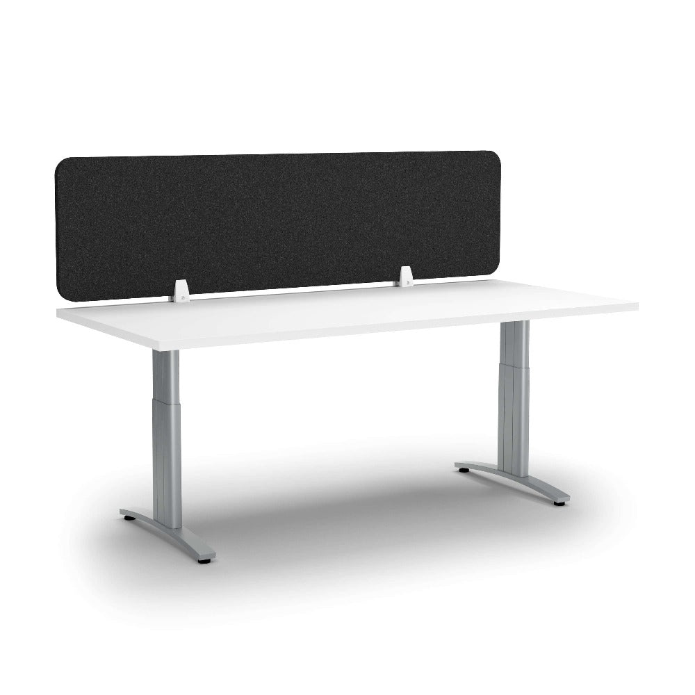 dark grey desk screen clamped on top of white desk