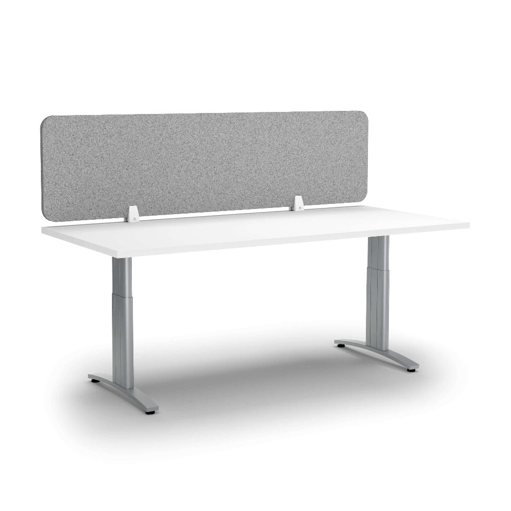 dark silver desk screen clamped on top of white desk