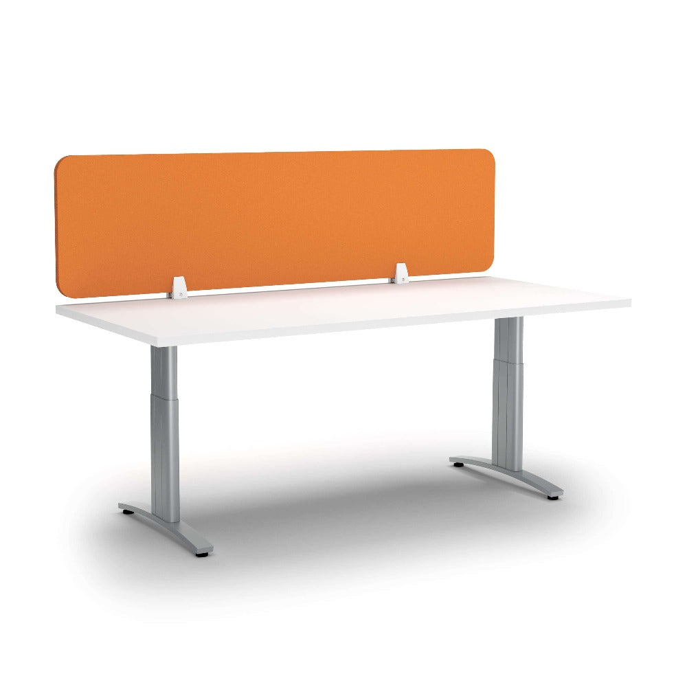 orange desk screen clamped on top of white desk