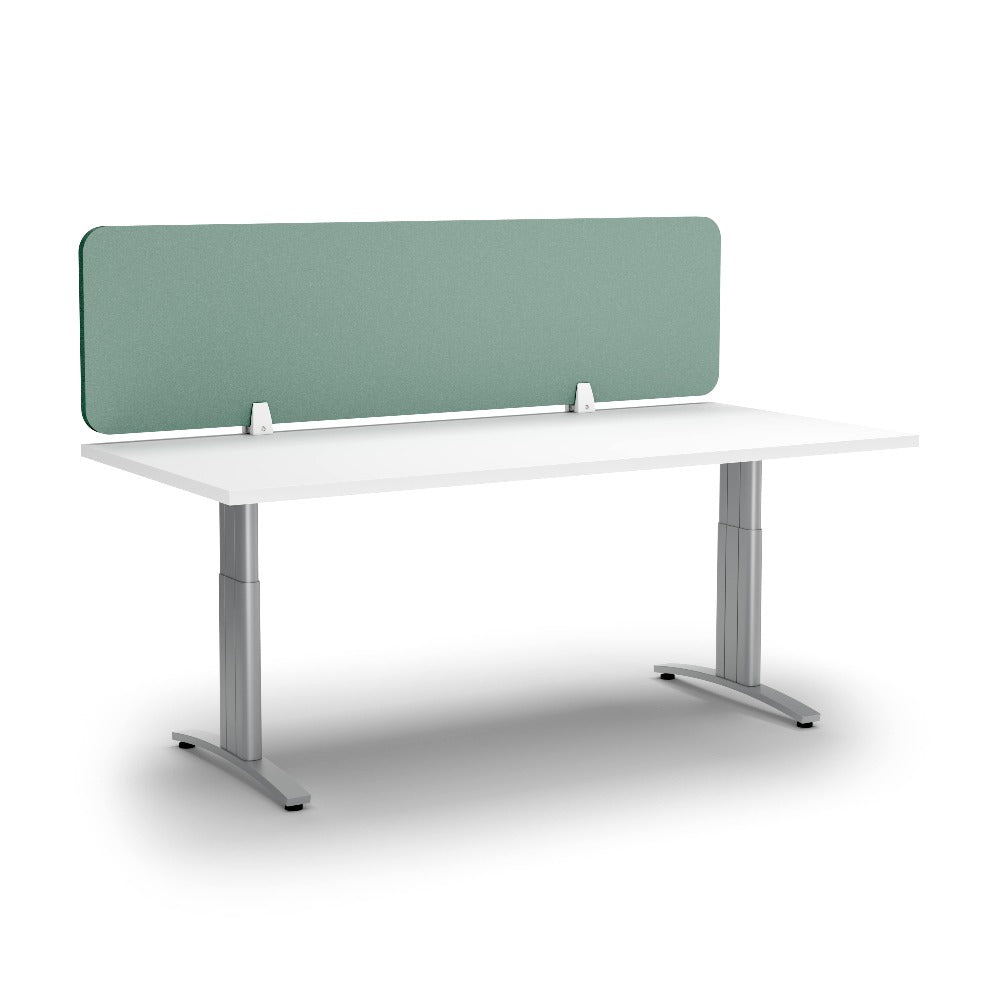 turquoise desk screen clamped on top of white desk