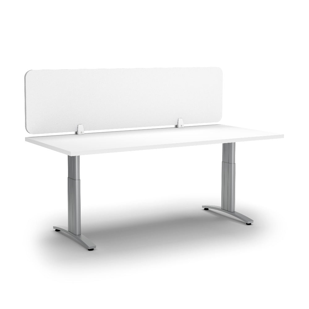 white coloured desk screen clamped on top of white desk