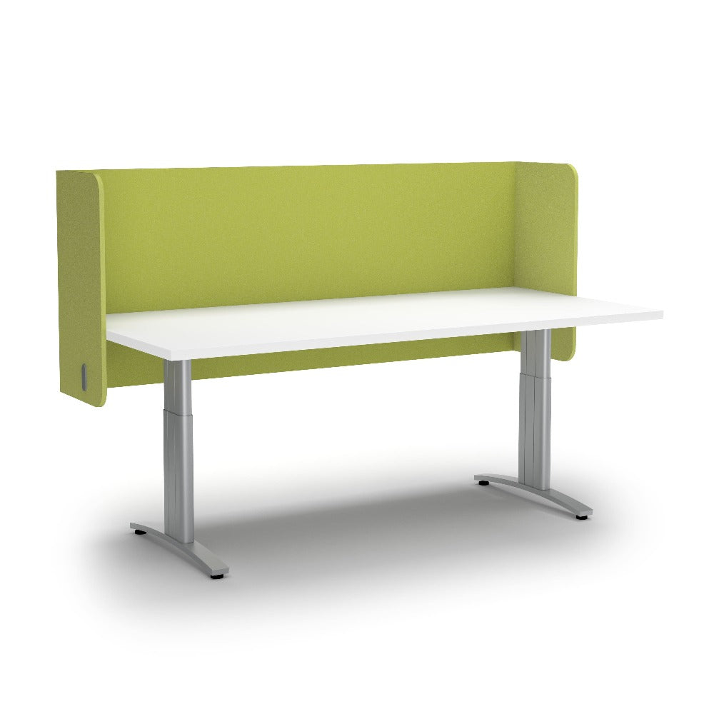 green coloured divider surrounding standing desk