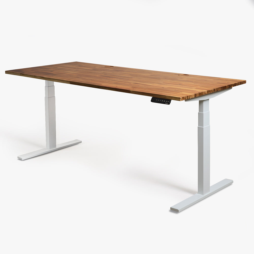 acacia standing desk with white frame