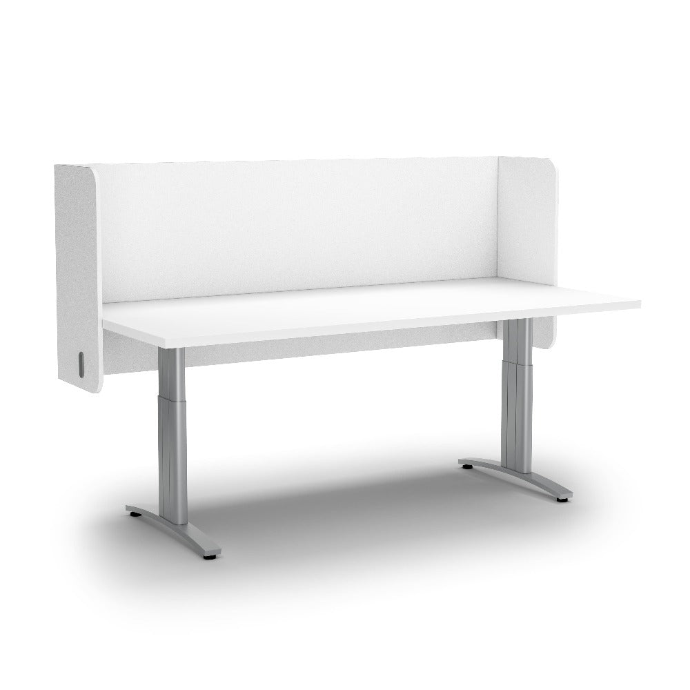 white pod divider on adjustable desk