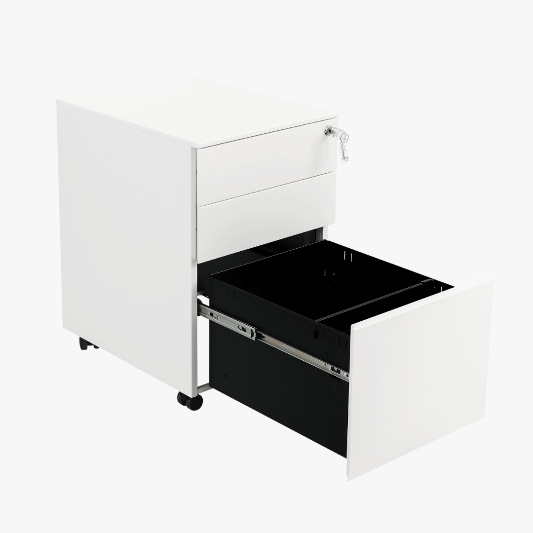 open drawers on white storage cabinet