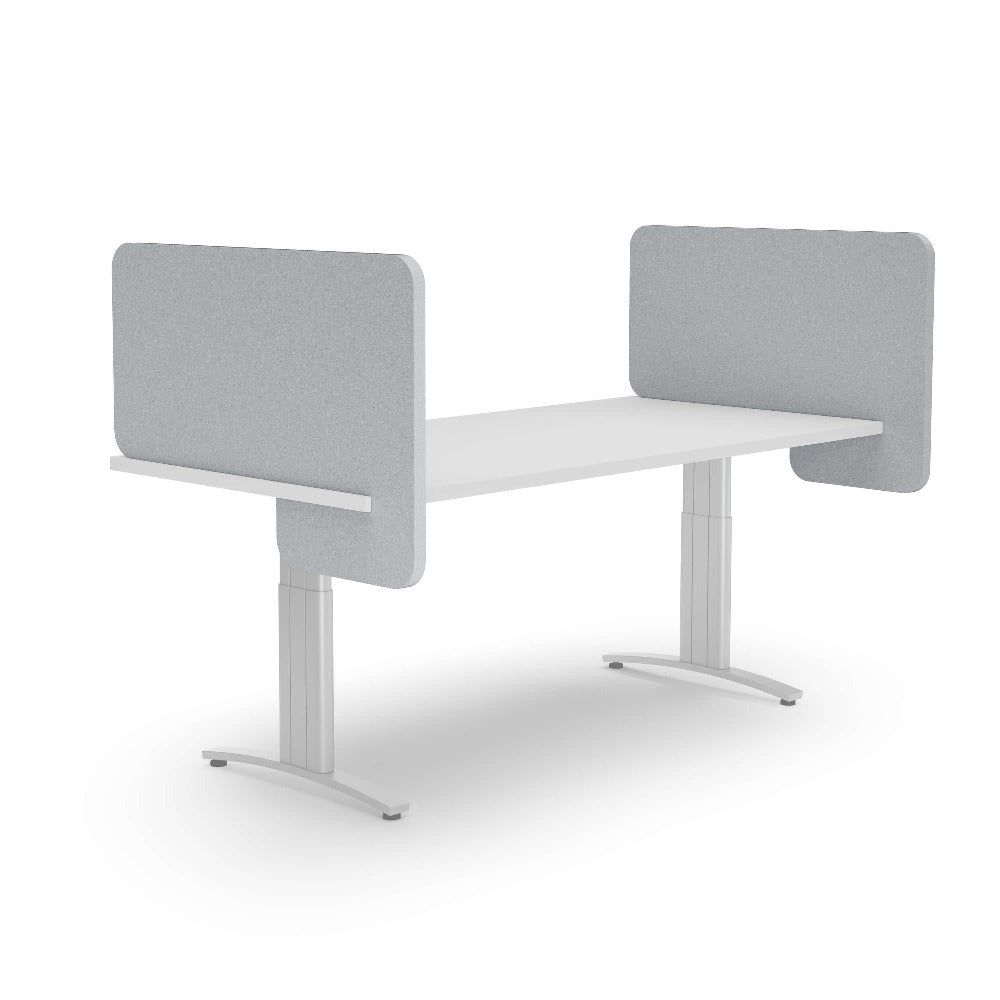 slide on acoustic divider on adjustable desk in light grey