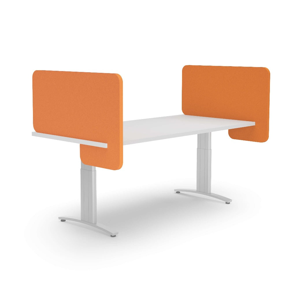 slide on acoustic divider on adjustable desk in orange