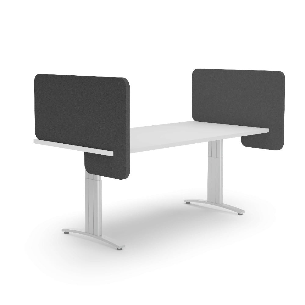 slide on acoustic divider on adjustable desk in sesame grey