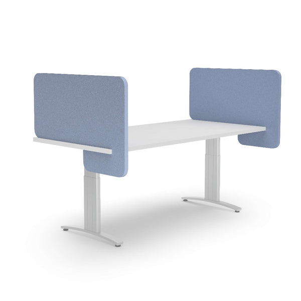 slide on acoustic divider on adjustable desk in sky blue