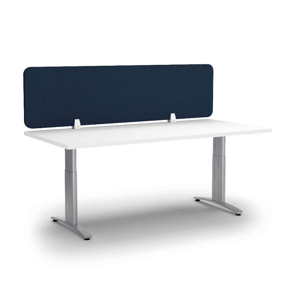 dark blue desk screen clamped on top of white desk