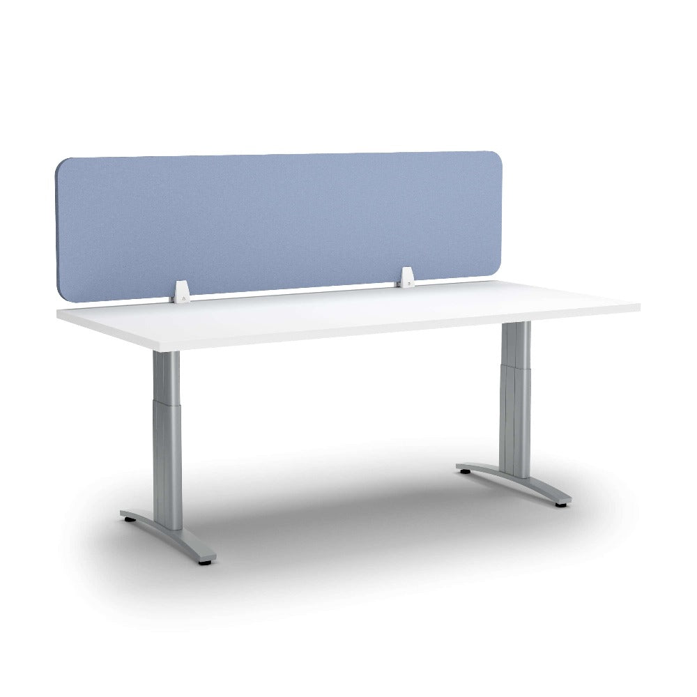 sky blue coloured desk screen clamped on top of white desk