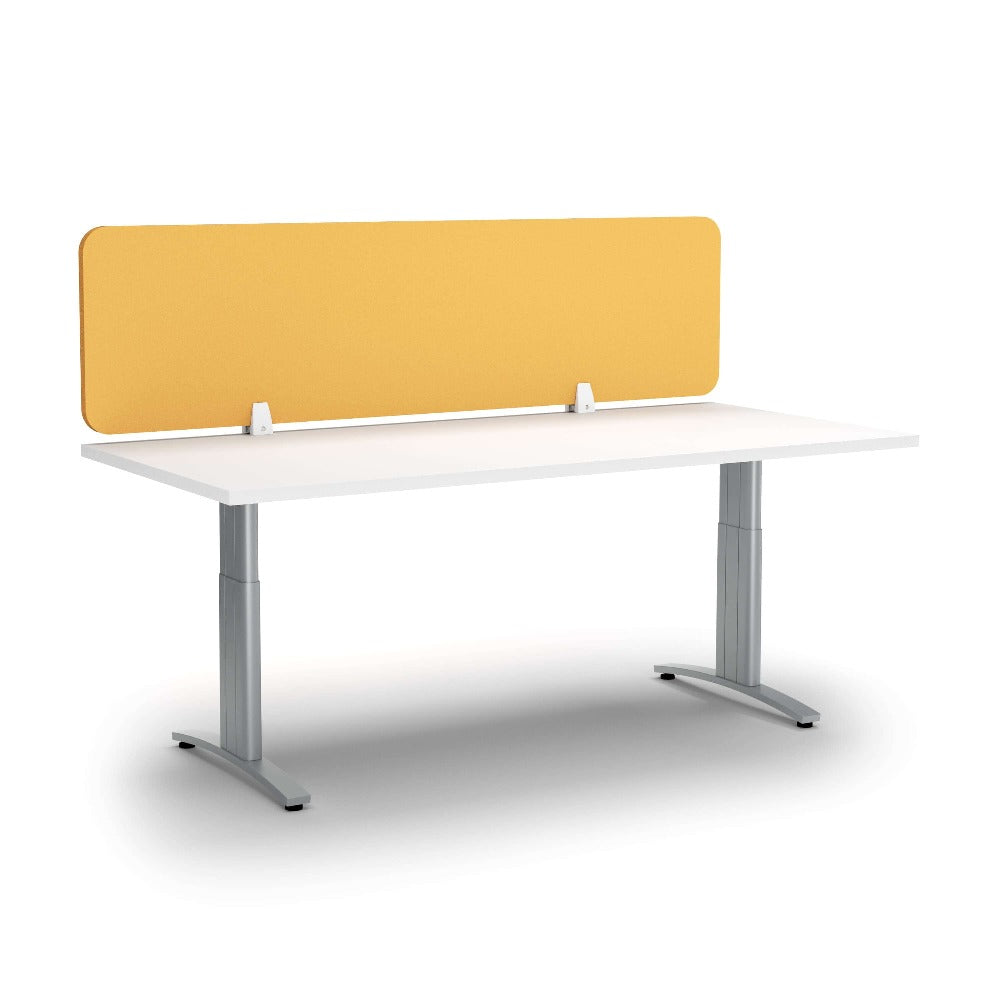 yellow desk screen clamped on top of white desk