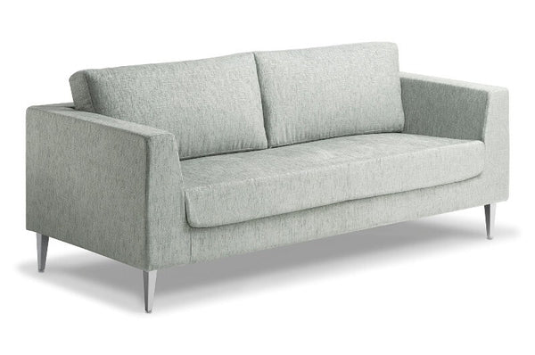 side view of grey two seater sofa with chrome legs
