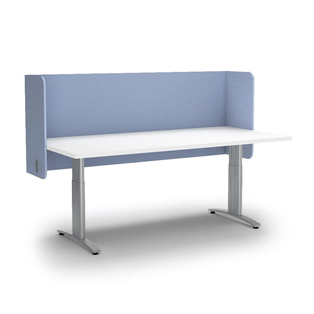 sky blue divider surrounding standing desk